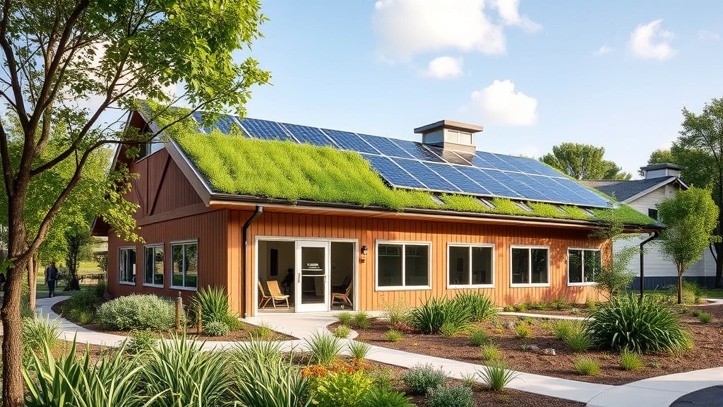 Sustainable early learning center building with green roof, solar panels, natural ventilation, surrounded by native plants and green space, demonstrating environmental infrastructure, photorealistic, no text