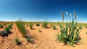 Photorealistic wide-angle view of diverse drought-resistant crops thriving in arid landscape with deep blue sky, showing healthy green vegetation adapted to dry conditions, natural golden soil, no text or labels