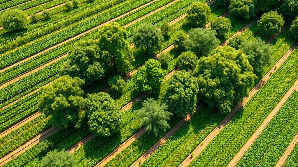 Photorealistic overhead perspective of sustainable agroforestry system with mature adapted native trees interspersed among agricultural crops in rich green landscape, showing ecosystem productivity and biodiversity, natural lighting