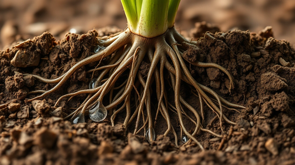Photorealistic close-up of healthy plant root system in nutrient-rich soil, demonstrating deep adaptive root structure, with water droplets and rich brown earth tones, soft natural lighting emphasizing biological adaptation mechanisms