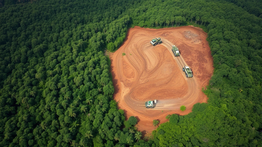 Aerial view of deforestation boundary showing intact rainforest forest transitioning to cleared land with heavy machinery and logging operations in tropical ecosystem