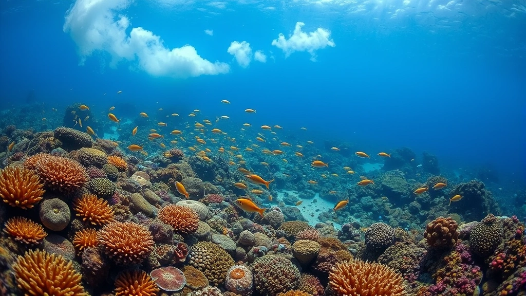 Underwater coral reef ecosystem with vibrant biodiversity showing fish schools and healthy corals alongside industrial pollution plume and fishing nets in background