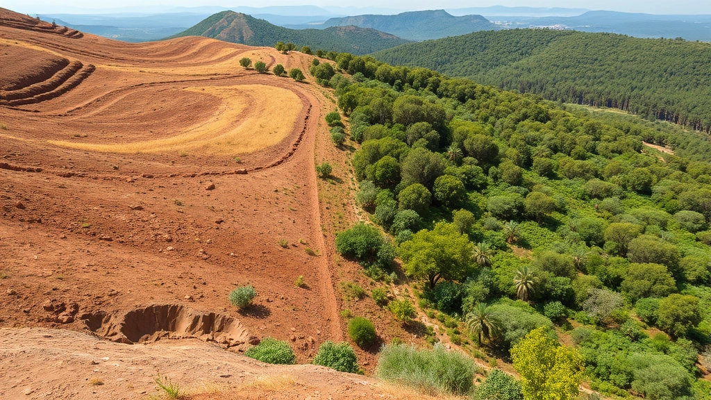 Rolling landscape showing degraded agricultural land with eroded soil and sparse vegetation adjacent to restored native forest with diverse vegetation and wildlife