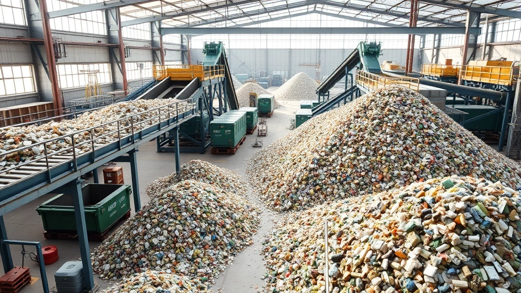 Industrial waste sorting facility with conveyor belts and recovered material piles, natural daylight, demonstrating circular economy operations in an urban port area