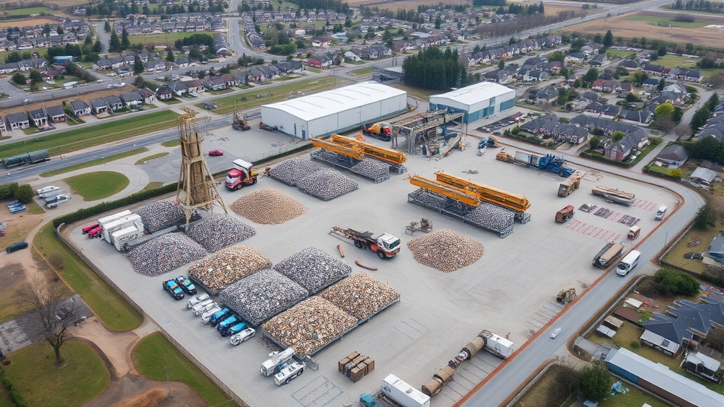 Aerial view of materials recovery facility with organized material stockpiles, trucks, and processing equipment, showing infrastructure scale against surrounding neighborhoods