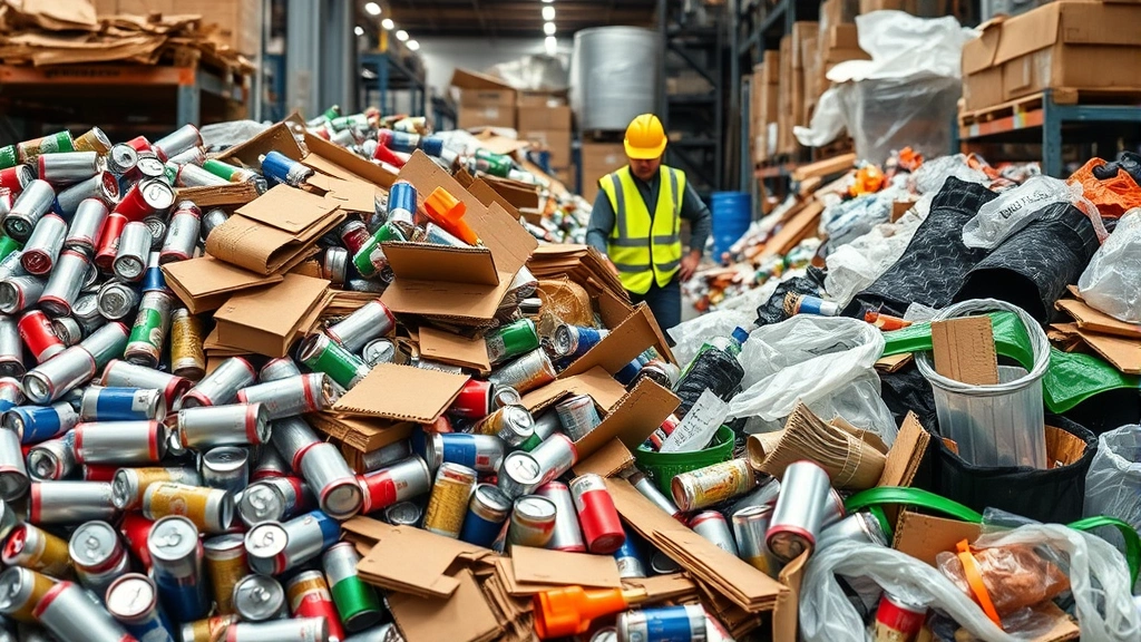 Close-up of sorted recyclable materials including aluminum cans, cardboard, and plastic, with facility workers in safety gear managing material streams