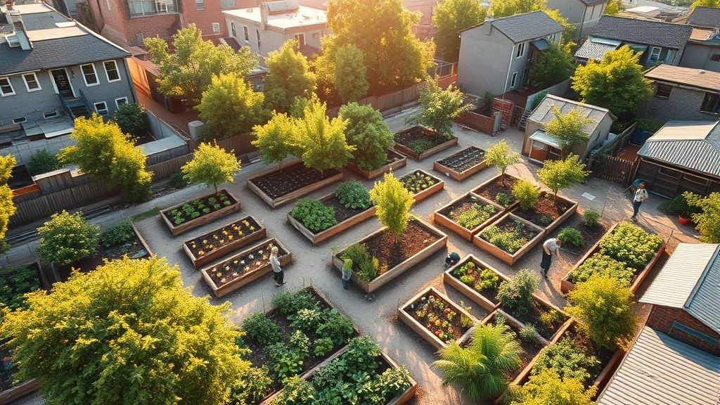 Aerial view of vibrant urban community garden with diverse vegetable beds, fruit trees, and composting areas, people actively gardening in summer sunlight, residential buildings visible in background, rich green vegetation contrast with urban infrastructure