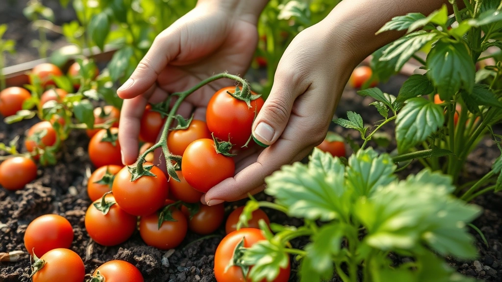 Close-up of hands harvesting fresh organic tomatoes and vegetables in a lush home garden, morning dew on plants, diverse crop varieties growing together, soil visible, natural daylight illuminating produce quality