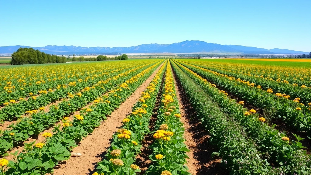 Wide landscape of expansive agricultural garden with multiple crop rows, flowering plants attracting pollinators, mountain scenery in distance, clear blue sky, demonstrating sustainable food production scale and environmental biodiversity