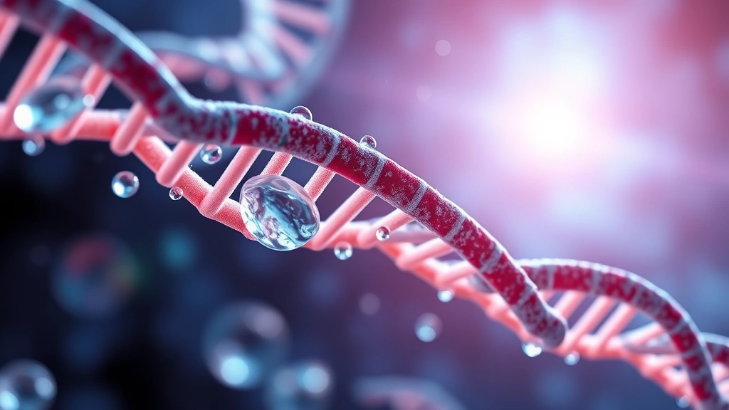 Microscopic cellular imagery showing DNA strands with environmental elements like water droplets and light, symbolizing epigenetic modifications and gene-environment interactions at molecular level
