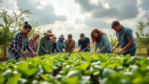 A diverse group of people from different backgrounds working together in a modern, sustainable agricultural field with lush green crops, natural sunlight filtering through clouds, showing collaboration between rural and urban communities in an eco-conscious farming environment