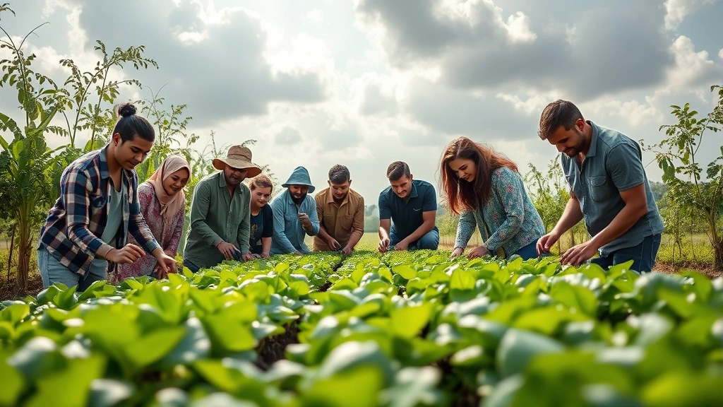 A diverse group of people from different backgrounds working together in a modern, sustainable agricultural field with lush green crops, natural sunlight filtering through clouds, showing collaboration between rural and urban communities in an eco-conscious farming environment