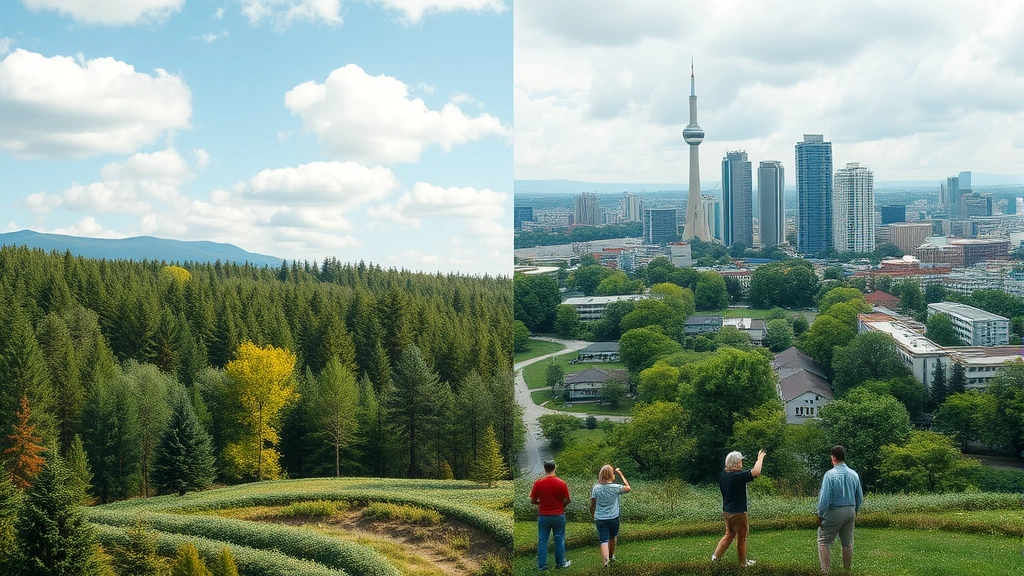 A split-view landscape showing a thriving, biodiverse forest ecosystem on one side transitioning to an industrialized urban area on the other, with people of various ages engaged in different activities, illustrating environmental diversity and human adaptation