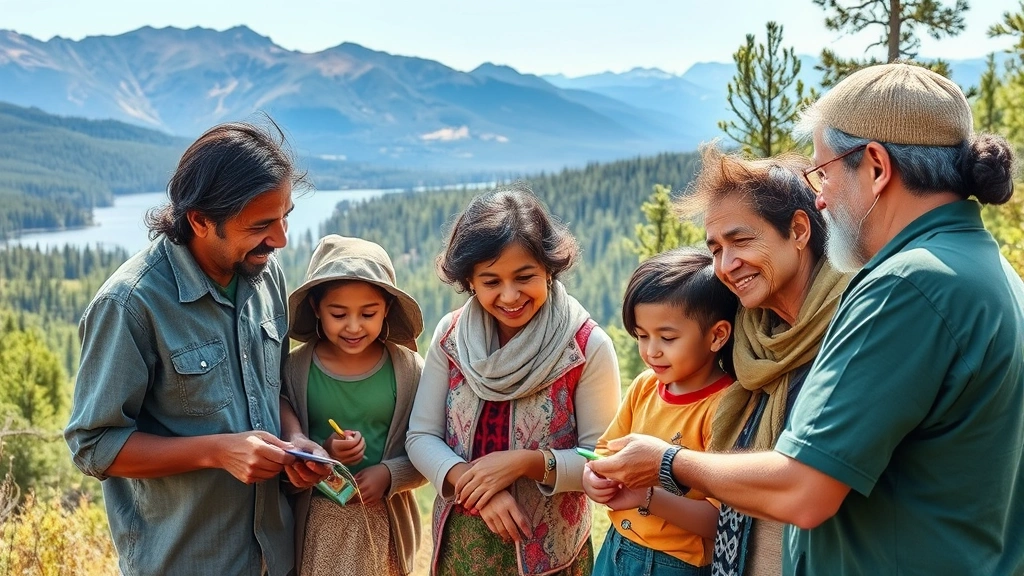 A multi-generational family in a natural outdoor setting—mountains, forest, and water visible—engaged in educational activities and environmental stewardship, with diverse ethnicities represented, showing connection between heritage, genetics, and environmental adaptation