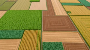 Aerial view of diverse agricultural fields with different crop varieties growing in patchwork patterns, showing varying plant heights and colors indicating different genetic types adapted to local soil conditions, photorealistic, natural lighting, no text or labels