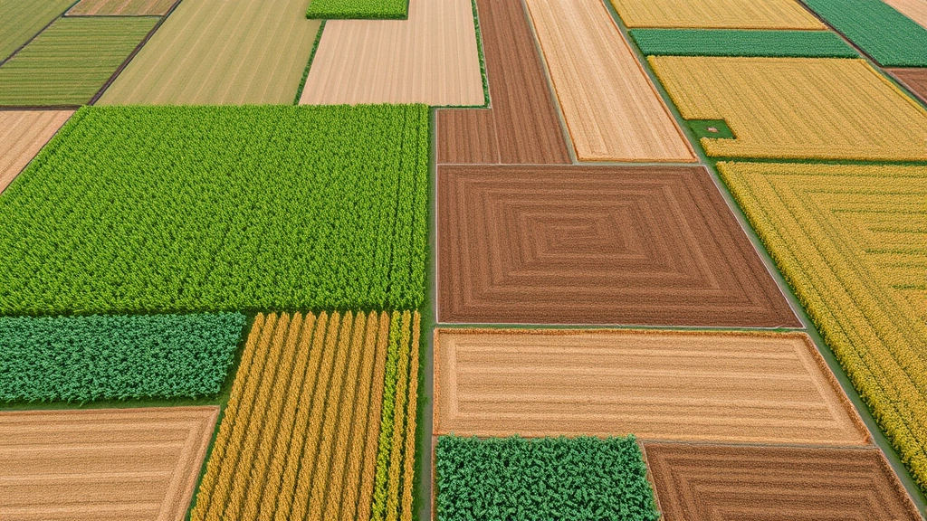 Aerial view of diverse agricultural fields with different crop varieties growing in patchwork patterns, showing varying plant heights and colors indicating different genetic types adapted to local soil conditions, photorealistic, natural lighting, no text or labels