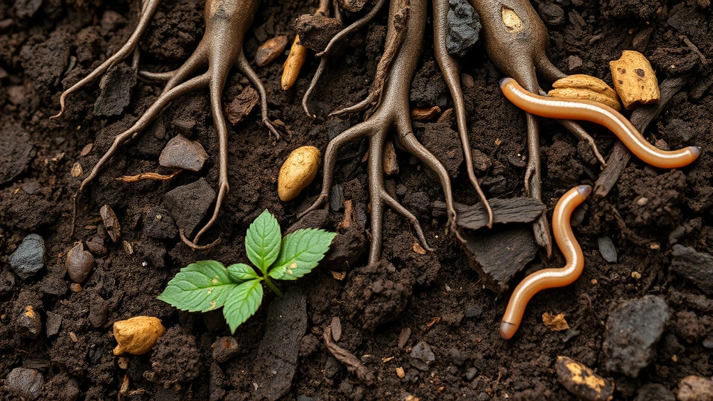 Close-up of rich, dark soil with visible root systems and microbial activity, earthworms, and organic matter decomposition, showing biological diversity in healthy ecosystem, photorealistic, macro photography style, no text or charts
