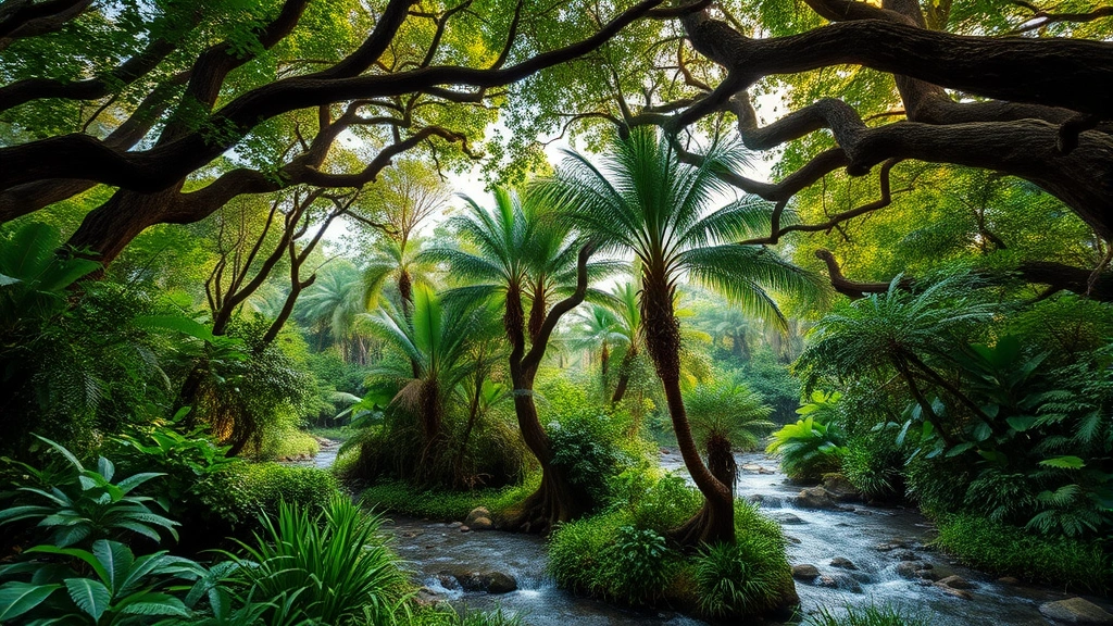 Tropical forest canopy with diverse tree species, abundant green vegetation, flowing water streams, and complex ecosystem interactions visible through layered vegetation structure, photorealistic, wide angle, natural daylight