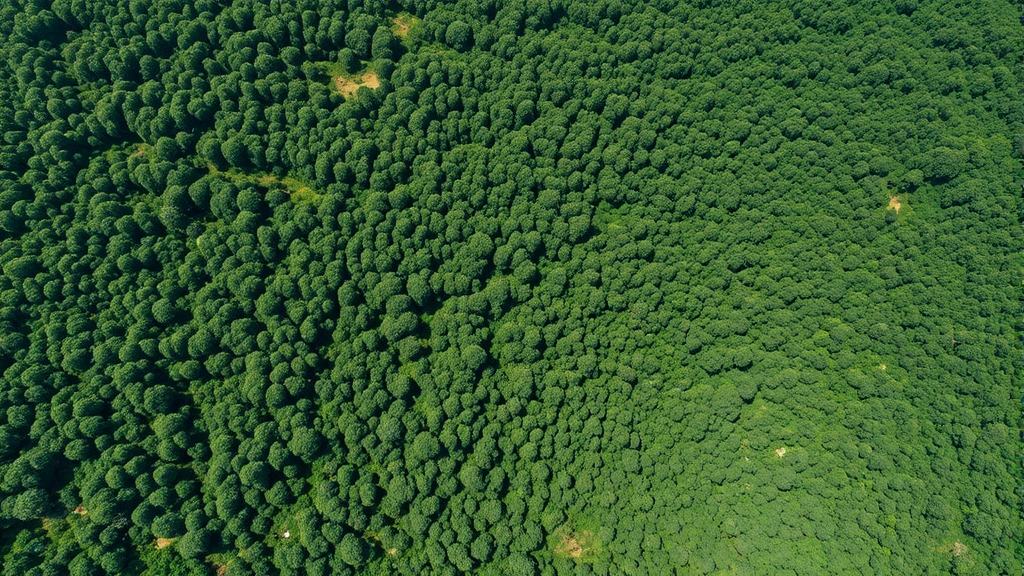 Biodiversity-rich forest landscape with canopy diversity visible from above, showing ecosystem service provision through intact vegetation structure, satellite-derived perspective of pristine tropical forest