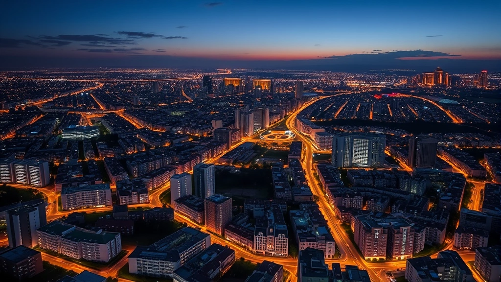 Urban landscape at dusk showing nighttime lights concentration in business districts and residential areas, demonstrating economic activity distribution and infrastructure networks from geospatial perspective