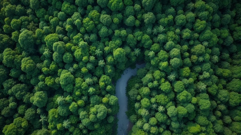 Aerial view of lush tropical forest canopy with dense green vegetation and winding river, photorealistic, natural lighting, showing ecosystem complexity and carbon storage potential