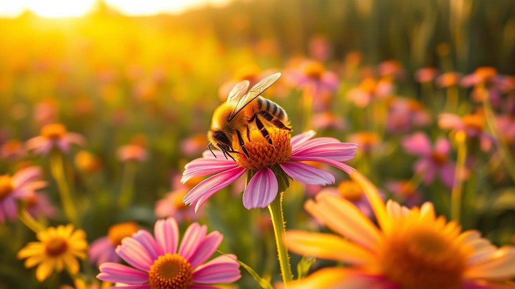 Honeybee pollinating vibrant wildflower field with crops visible in background, photorealistic macro photography, golden hour lighting, demonstrating pollination service value to agriculture