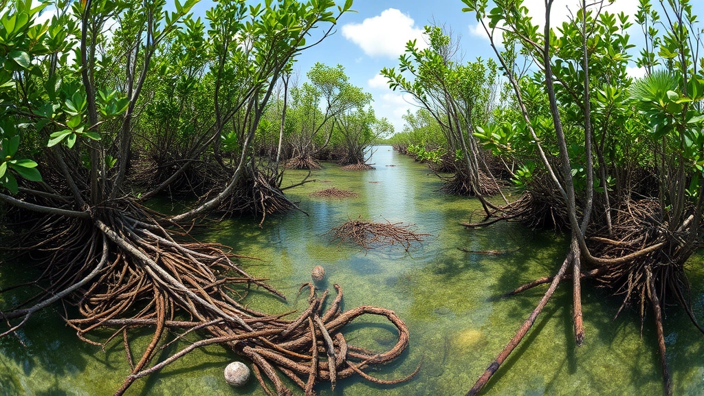 Coastal mangrove forest ecosystem with intricate root systems in shallow water, diverse wildlife, and storm protection features, photorealistic wide-angle, showing multiple ecosystem services simultaneously