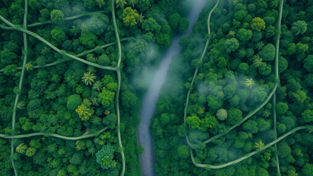 Aerial view of intact tropical rainforest canopy with river winding through pristine green landscape, morning mist rising, photorealistic, no text