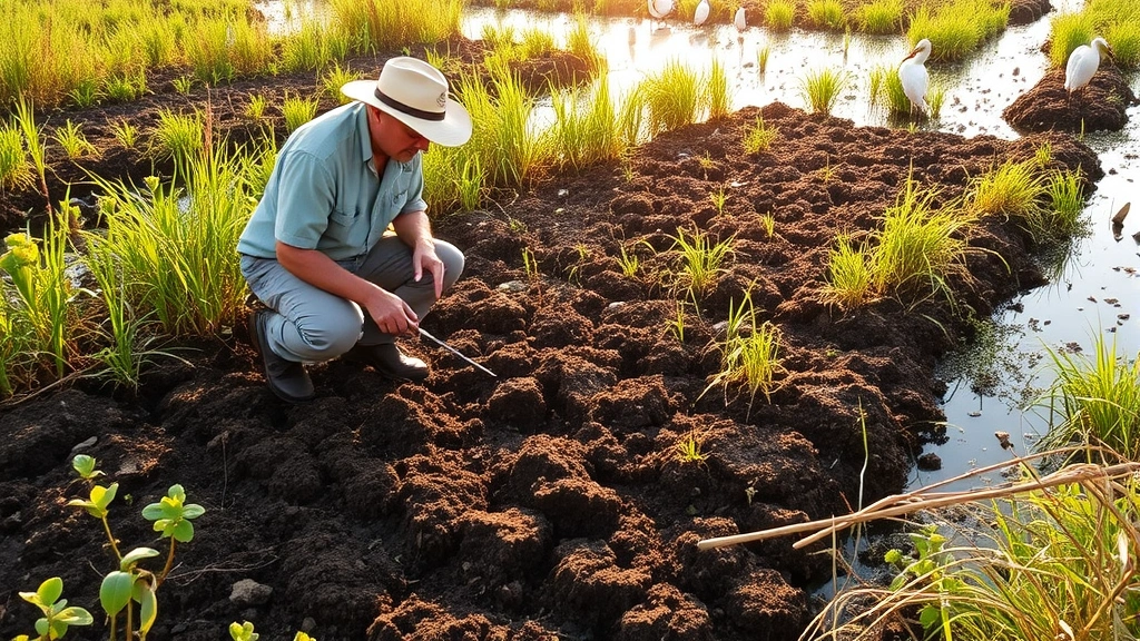 Farmer examining healthy soil in restored wetland area with native plants and water birds, morning light, natural setting, no charts or labels