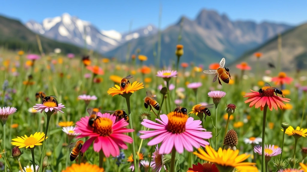 Diverse pollinators visiting wildflower meadow with mountains in background, vibrant colors, ecological richness, photorealistic, no text elements