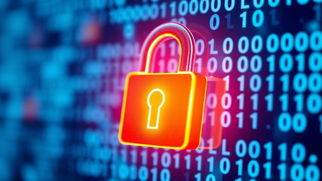 Close-up of secure digital lock icon with glowing encryption symbolism, binary code patterns in background softly blurred, representing cybersecurity and data protection concepts, professional tech aesthetic, photorealistic rendering