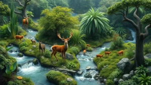 Photorealistic image of a lush, interconnected ecosystem with flowing water, diverse vegetation, and wildlife in natural harmony, representing systems thinking and environmental balance without any text or labels