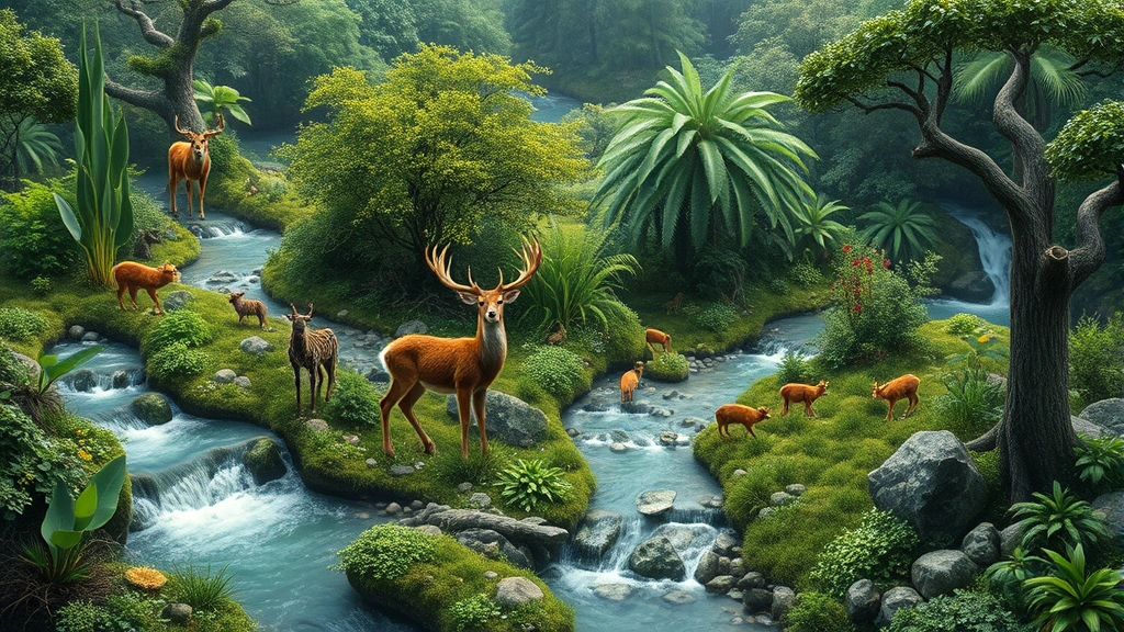 Photorealistic image of a lush, interconnected ecosystem with flowing water, diverse vegetation, and wildlife in natural harmony, representing systems thinking and environmental balance without any text or labels