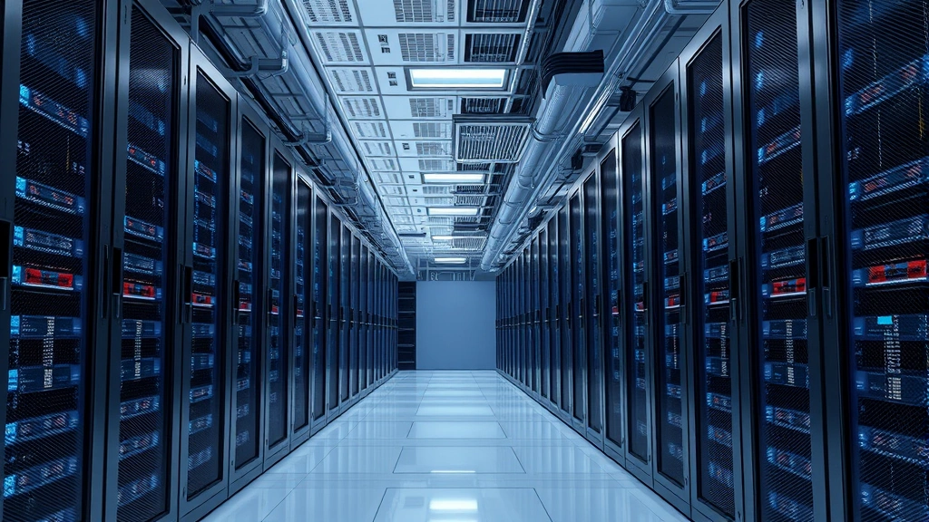 Photorealistic image of a modern data center with rows of servers and cooling systems, showing the technological infrastructure that powers cloud computing and automation platforms, no visible text or labels