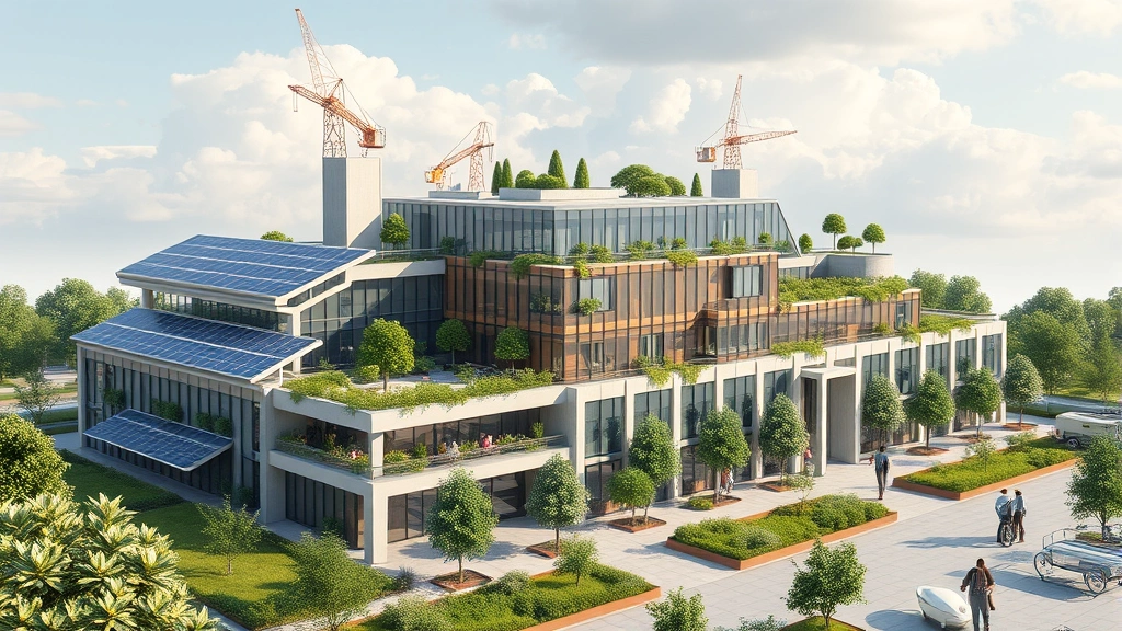 Photorealistic image of a sustainable smart building or tech facility with solar panels, green spaces, and efficient architecture representing the intersection of technology and environmental responsibility, no visible text