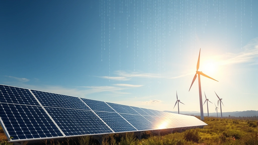 Photorealistic image of renewable energy solar panels and wind turbines with computer code overlaying the landscape, symbolizing digital infrastructure supporting climate technology development