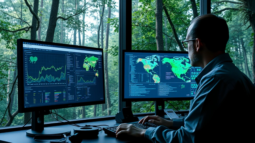 Photorealistic image of scientist monitoring biodiversity data on computer screens with forest canopy and wildlife visible through window, representing how GitHub enables ecological research and conservation technology
