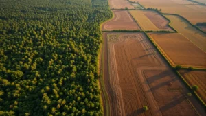 Aerial view of agricultural land transitioning from dense forest to cleared cattle pasture, showing stark deforestation boundary, morning light, realistic photography