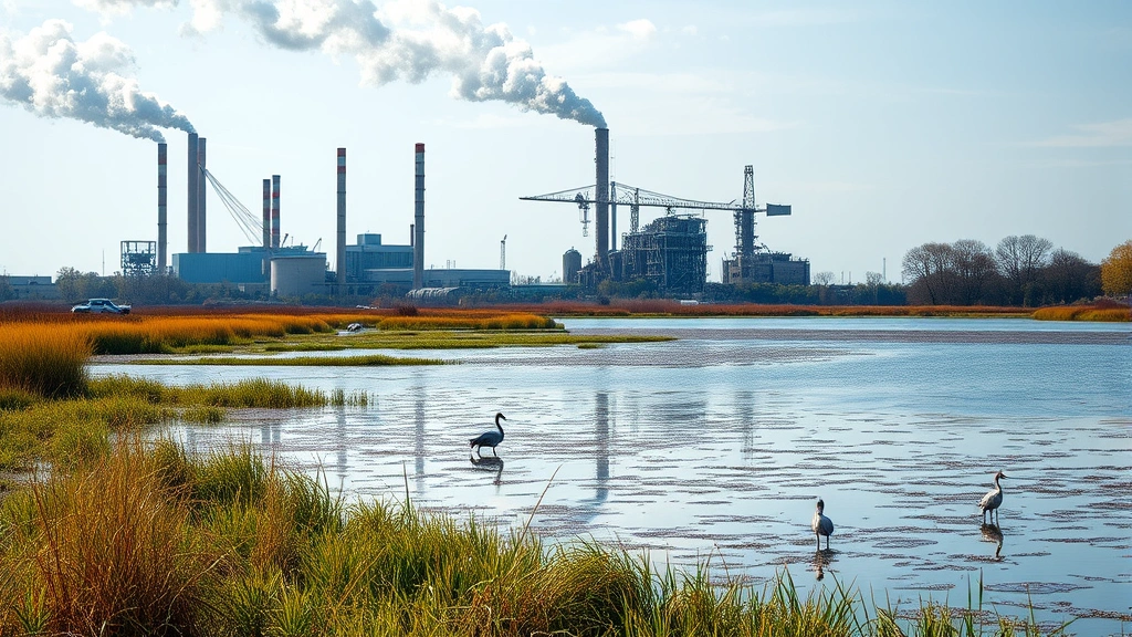 Industrial manufacturing facility with visible emissions alongside wetland ecosystem with water birds, contrasting economic activity and natural systems, photorealistic