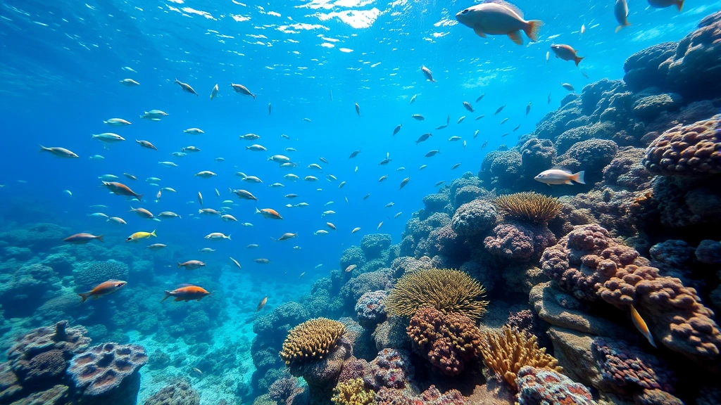 Underwater coral reef ecosystem displaying vibrant biodiversity with schools of fish, sea turtles, and healthy coral formations in clear tropical water
