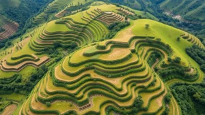 Aerial view of small-scale agricultural terraces with mixed crops, hedgerows, and forest patches in lush green landscape, showing biodiversity-rich farming system with water features and natural vegetation patterns