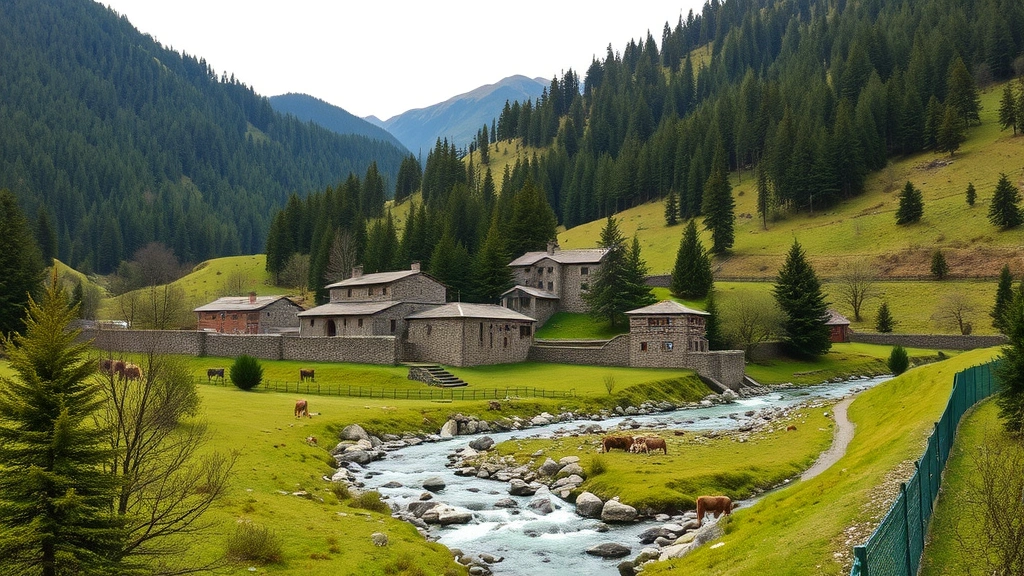 Traditional stone village nestled in valley surrounded by managed forests, meadows with grazing livestock, and flowing streams, demonstrating integrated human settlement within preserved natural ecosystems