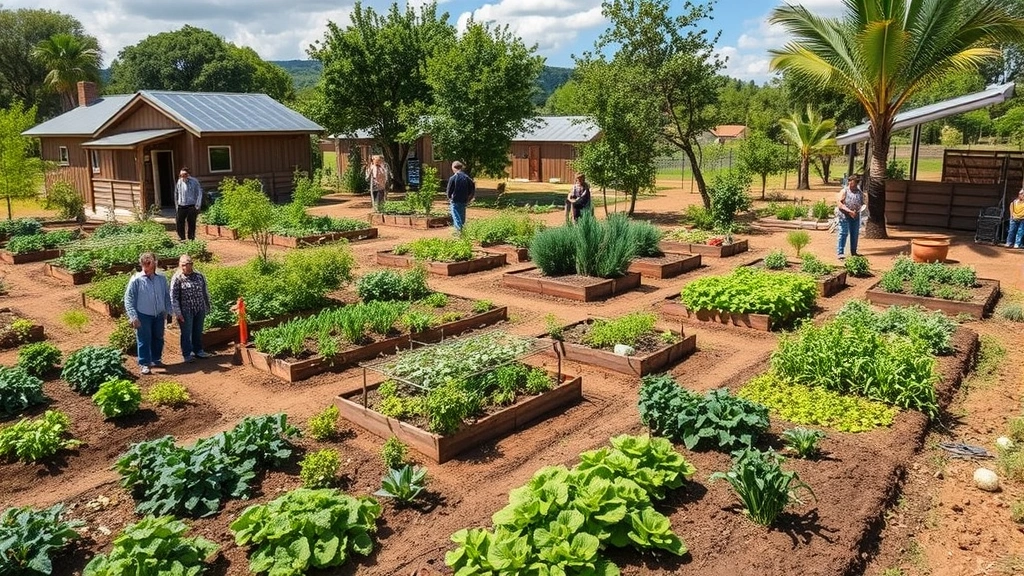 Community garden and composting facility with people working, diverse vegetables growing, fruit trees, natural water filtration systems, and renewable energy infrastructure integrated into landscape