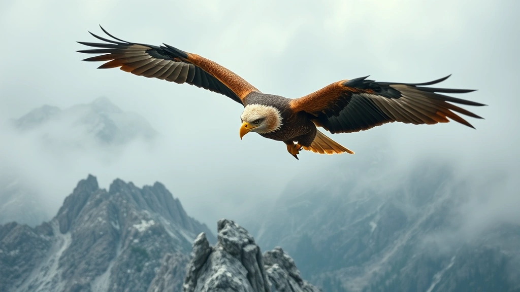 Golden eagle in powerful dive with wings folded, talons extended toward rocky mountain terrain below, dramatic aerial perspective showing predator in hunting motion against misty peaks