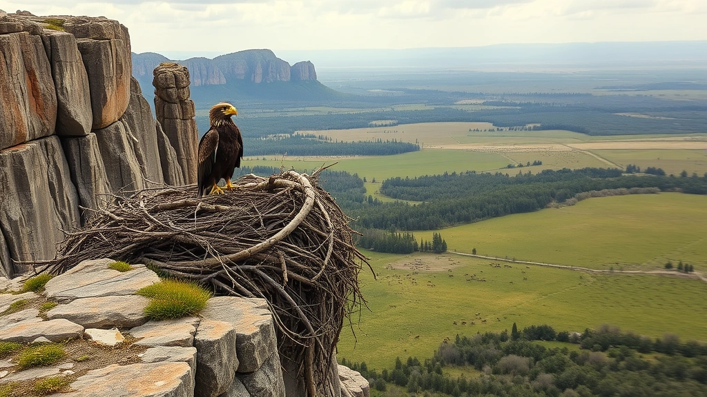 Golden eagle perched on massive cliff-side nest made of thick branches, overlooking expansive grassland valley with scattered prey animals visible in natural landscape below