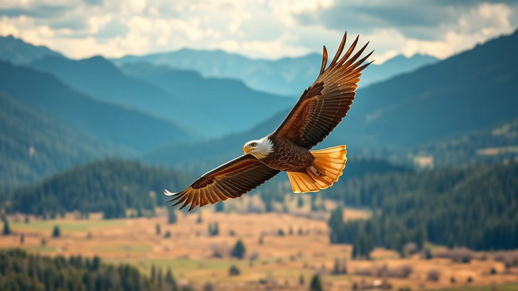 Golden eagle soaring over diverse ecosystem landscape with mountains, forests, and grasslands visible, showing habitat complexity and geographic range with natural lighting