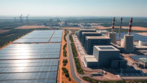 Aerial view of renewable energy solar farm and traditional coal power plant side-by-side, showing contrast between clean and fossil fuel energy infrastructure under natural sunlight