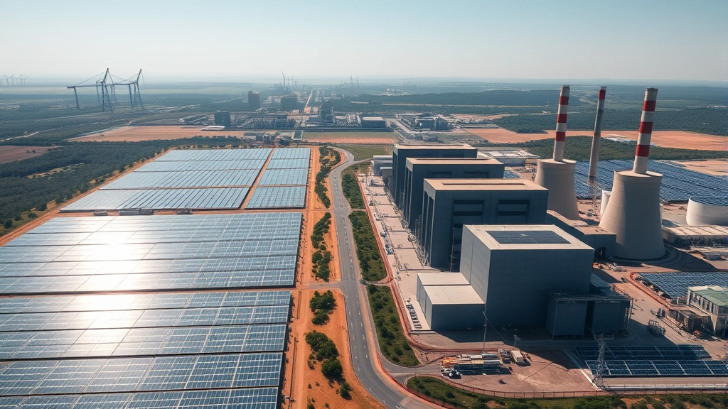 Aerial view of renewable energy solar farm and traditional coal power plant side-by-side, showing contrast between clean and fossil fuel energy infrastructure under natural sunlight