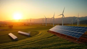 Photorealistic panoramic view of renewable energy wind turbines and solar panels integrated into agricultural landscape with green fields, mountains in background, golden hour lighting, showing coexistence of energy infrastructure and natural environment