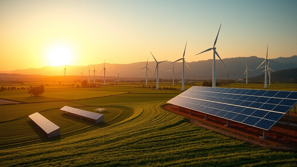 Photorealistic panoramic view of renewable energy wind turbines and solar panels integrated into agricultural landscape with green fields, mountains in background, golden hour lighting, showing coexistence of energy infrastructure and natural environment